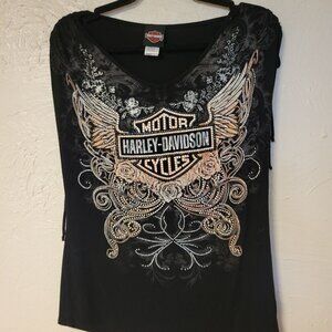 Harley Davidson Womens S Black Sleeveless Beaded RHINESTONE Biker